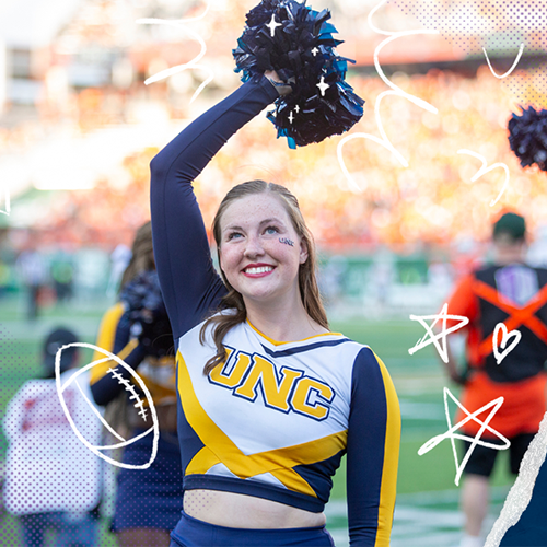 Cheerleader holding up her pom pom surrounded by doodles.